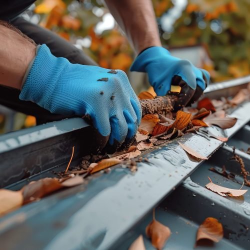 Gloved hands removing leaves from gutters during the fall season. Close-up shot highlights the importance of regular home maintenance. Ensuring gutters are free from debris. AI