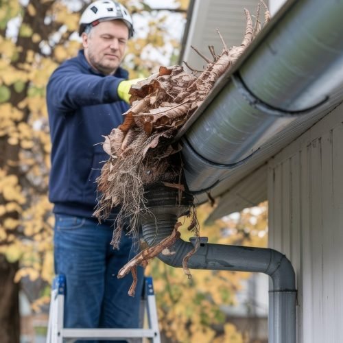 man-cleans-gutter-drnpipe-from-dry-leaves-debris-prevention-congestion-breaka man-cleans-gutter-drnpipe-from-dry-leaves-debris-prevention-congestion-breaka